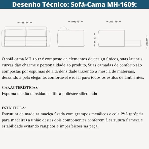 Sofá-Cama 3 Lugares MH-1609 Herval 188 cm (largura) Colchão Casal Linho Bege - Image 3